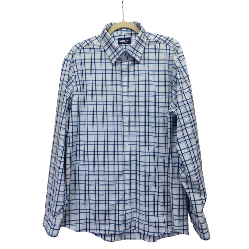 Lands' End Mens Blue White‎ Plaid Long Sleeve Button Shirt Large 16-16.5 34/35